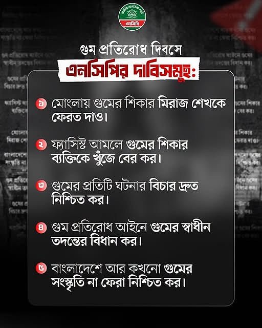 আন্তর্জাতিক গুম প্রতিরোধ দিবসে পাঁচ দফা দাবি এনসিপির