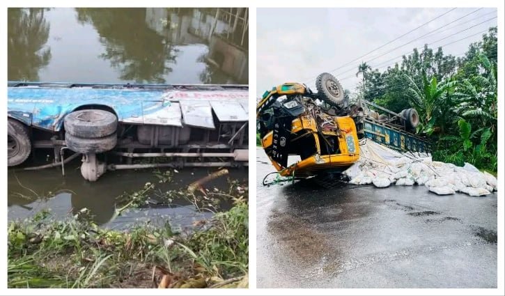 ফরিদপুরে সংঘর্ষে বাস উল্টে পুকুরে, ট্রাক সড়কে